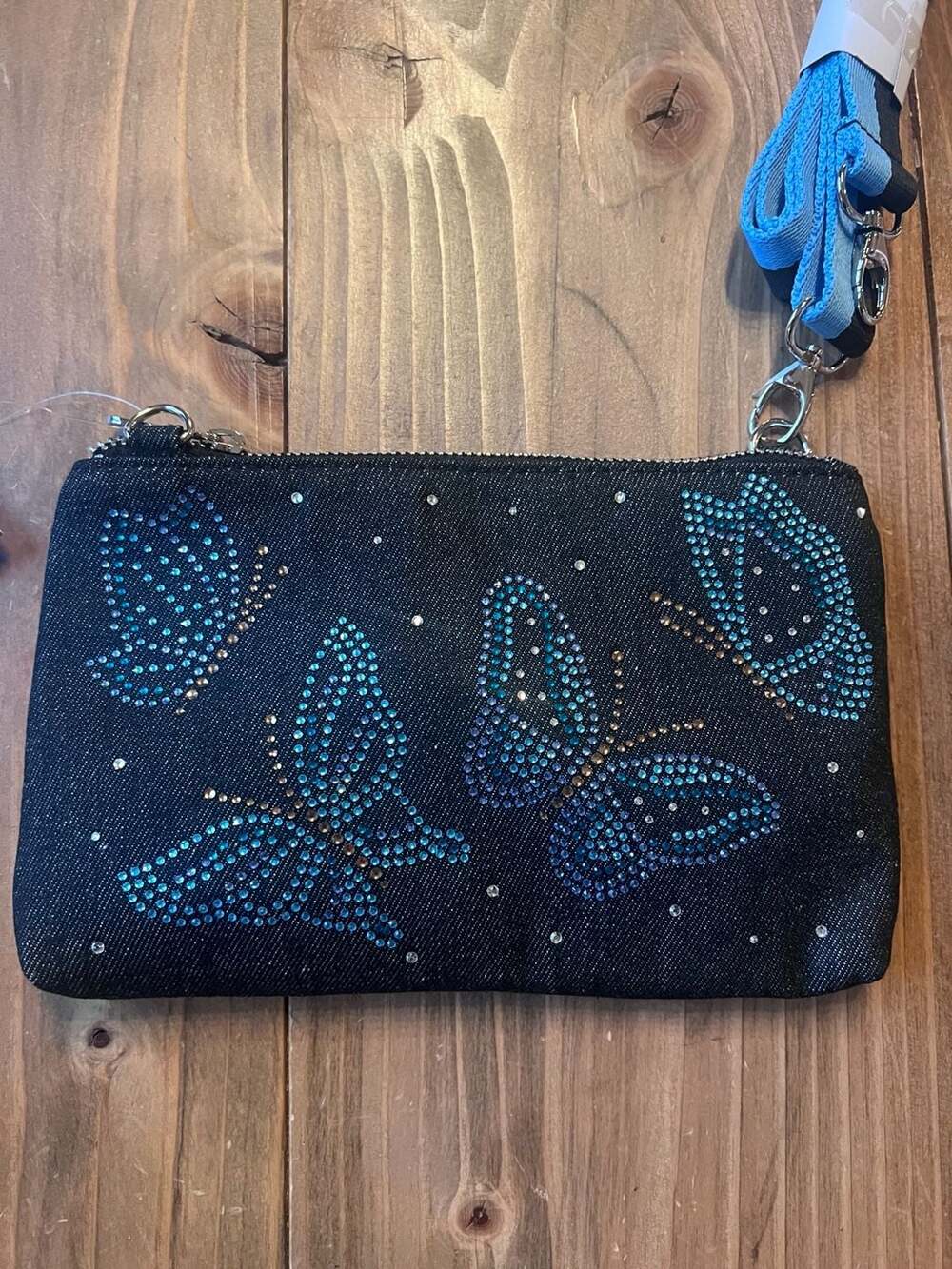 VIP Butterfly Sparkle Denim Crystal Crossbody Bag